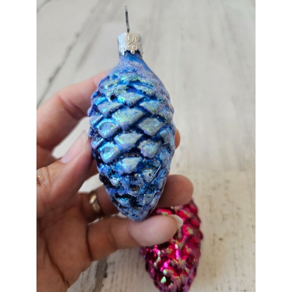 Inge glas acorn pinecone glitter blue red ornament Xmas tree Germany - Picture 3 of 9
